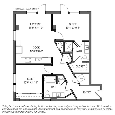 Floor plan for 2 beds, 2 baths, 1041 sqft
